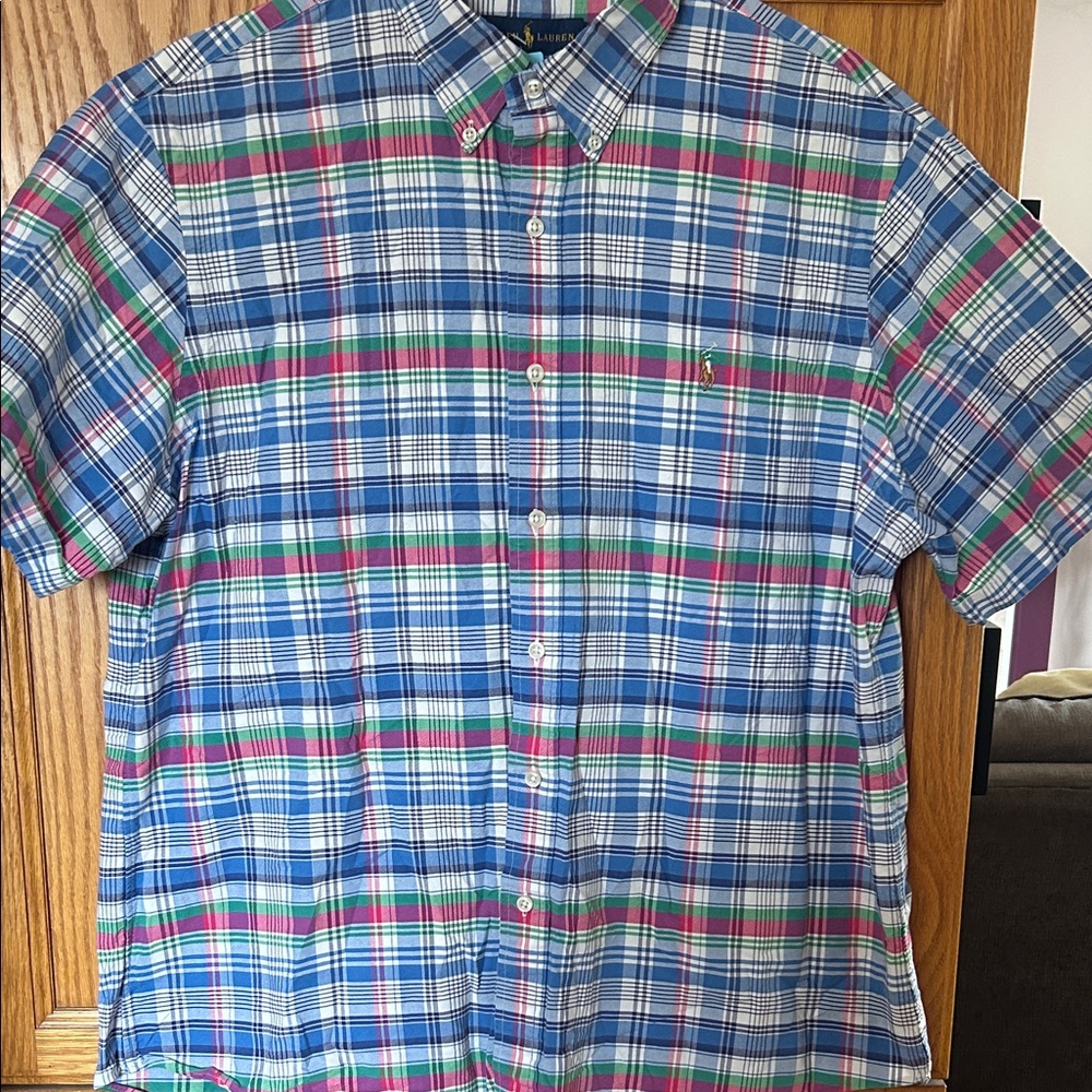 Ralph Lauren Blue Plaid Short-Sleeve Button Down with Green & Pink Stripes